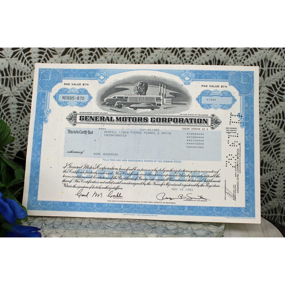 1982 General Motors Corporation Stock Certificate 100 Shares
